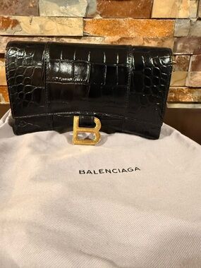Balenciaga Black Croc-Embossed Leather B Flap Clutch with Gold Hardware